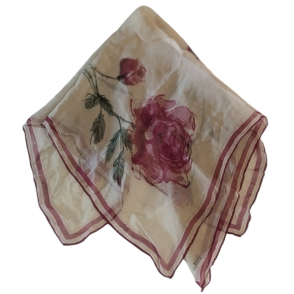 Vintage 70s Vera Neumann Floral Sheer Scarf with Pink Rose Design Boho Chic